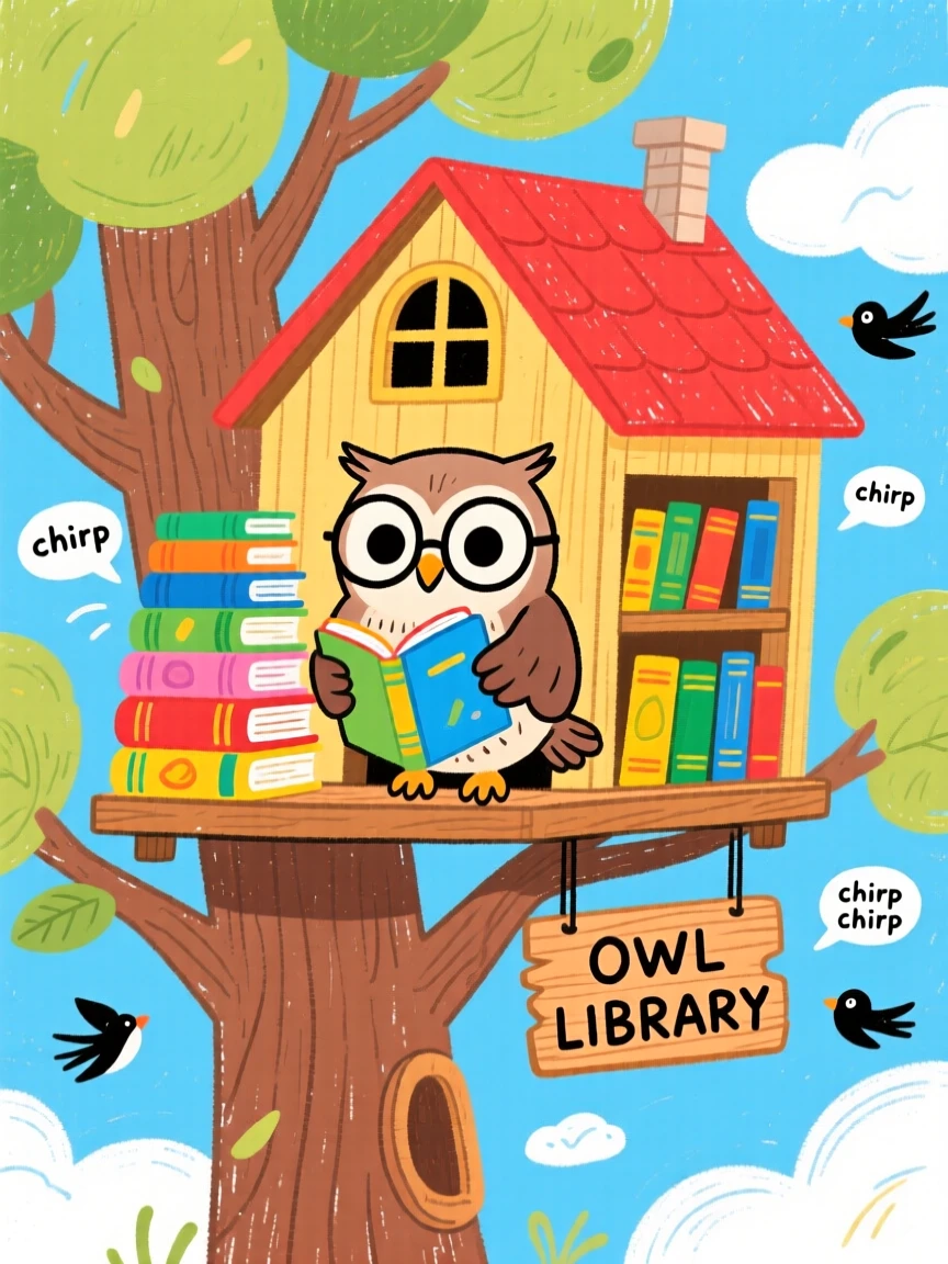 A talking owl librarian organizing books in a treetop library.