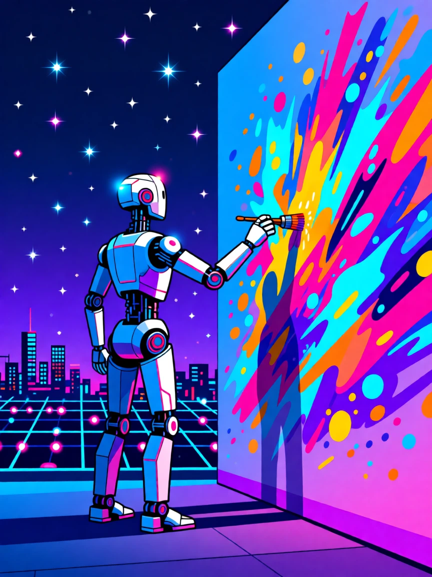 A robot painter creating a colorful mural with mechanical precision, surrounded by twinkling city lights at night, arranged with a sense of sleek, futuristic order, with a subtle sense of wonder about future possibilities.
