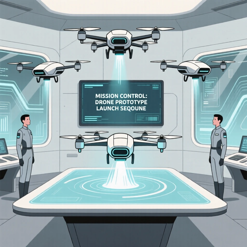 A fleet of drones launching a prototype in a mission control room.