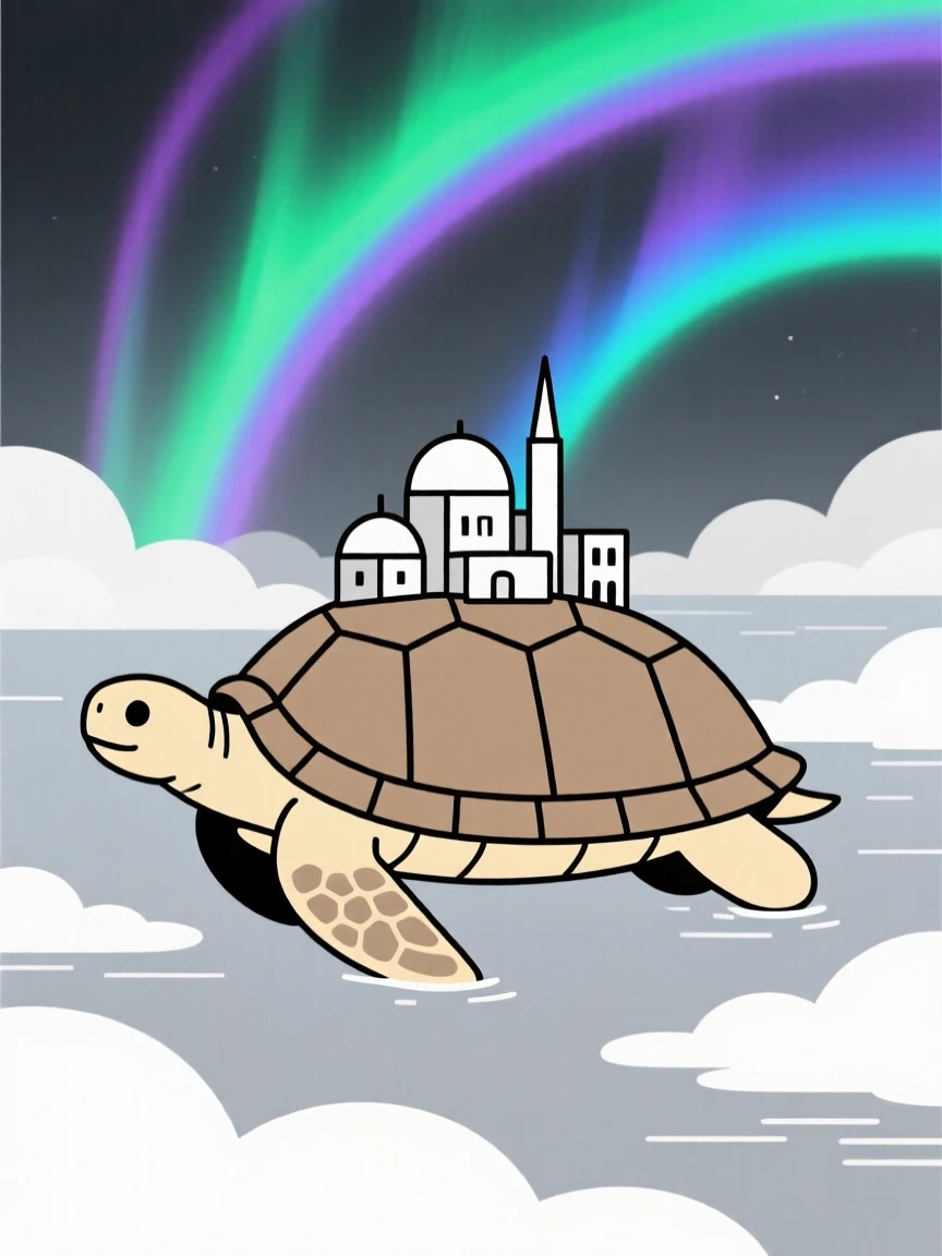A magical city built atop a turtle's shell nestled within a world made entirely of clouds, glowing near ribbons of aurora light, full of wondrous imagination.