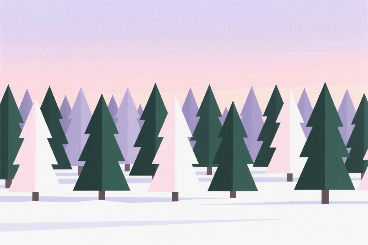 A snow-covered pine forest at dawn