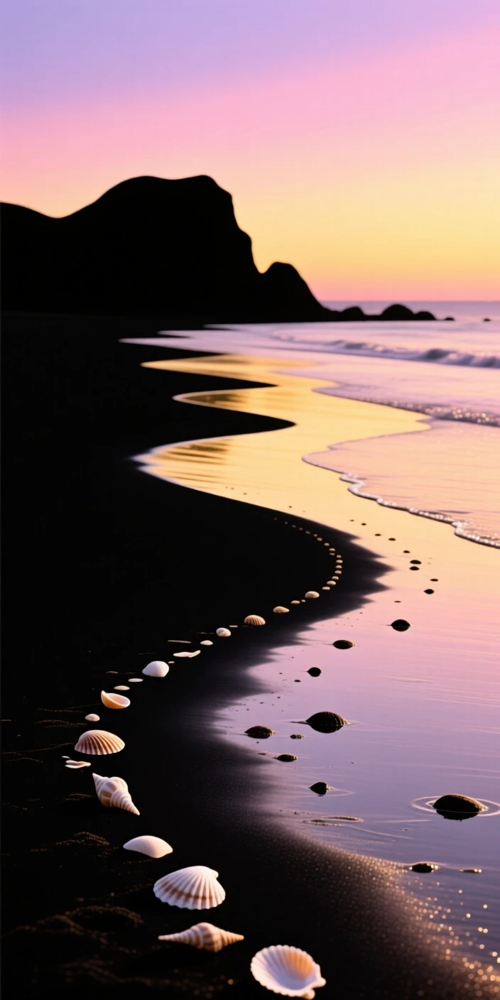 A quiet beach at low tide with a trail of seashells scattered across the sand.