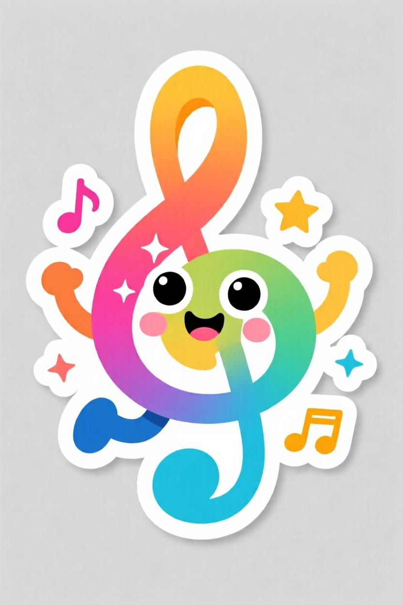 A bright and friendly cute cartoon musical note dancing to a tune, with cheerful expressive eyes, in a colorful and encouraging style.