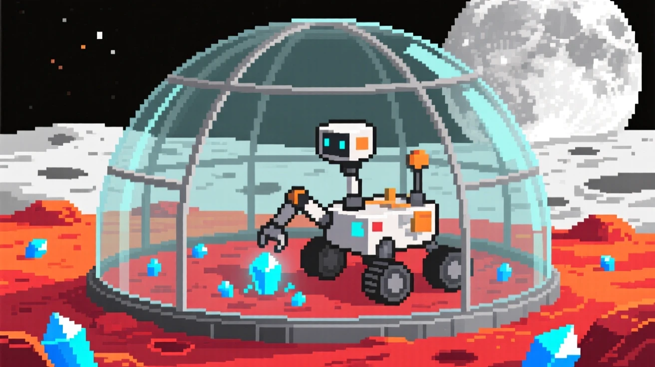 A tiny rover exploring a red planet collecting glowing space crystals, within a greenhouse dome on the moon.