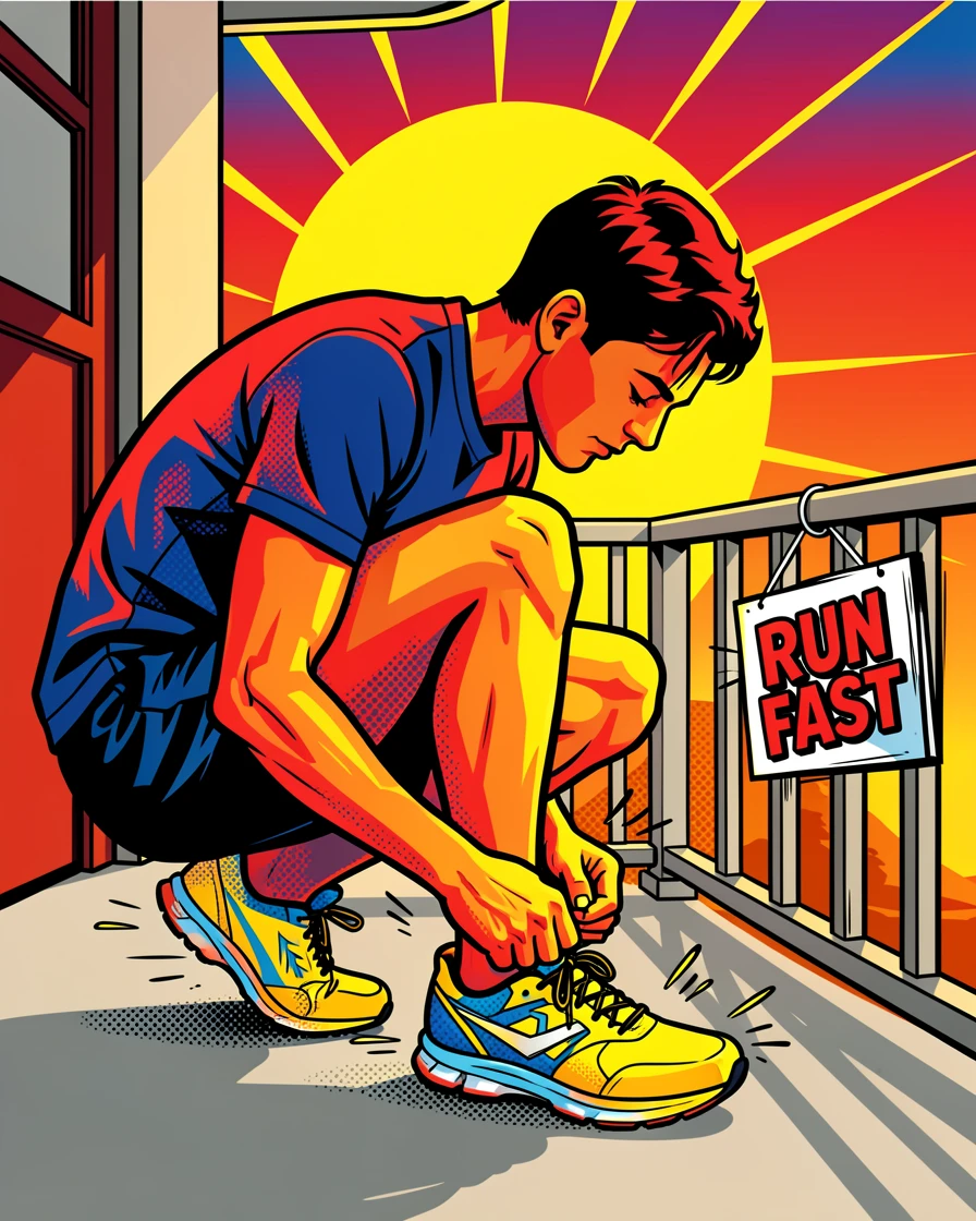 A person tying their running shoes on a porch at sunrise