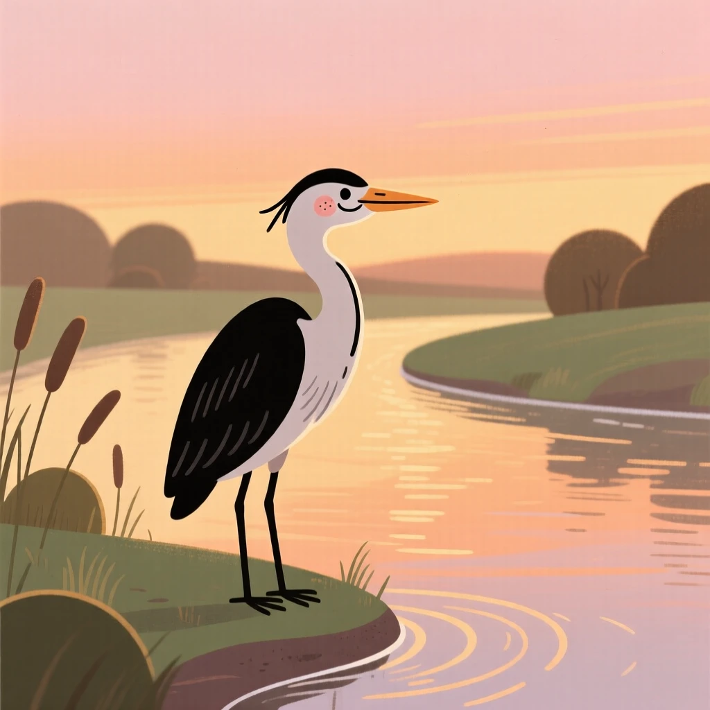 A heron stands at the edge of a quiet riverbank, grazing peacefully as the evening glow paints the sky in warm colors.