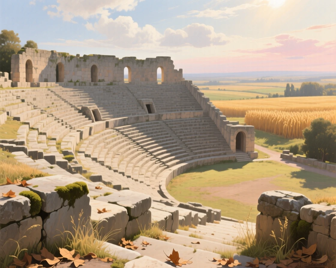 A sweeping wide shot of a grand ancient amphitheater bathed in golden afternoon light, during the summer harvest, beneath drifting clouds.