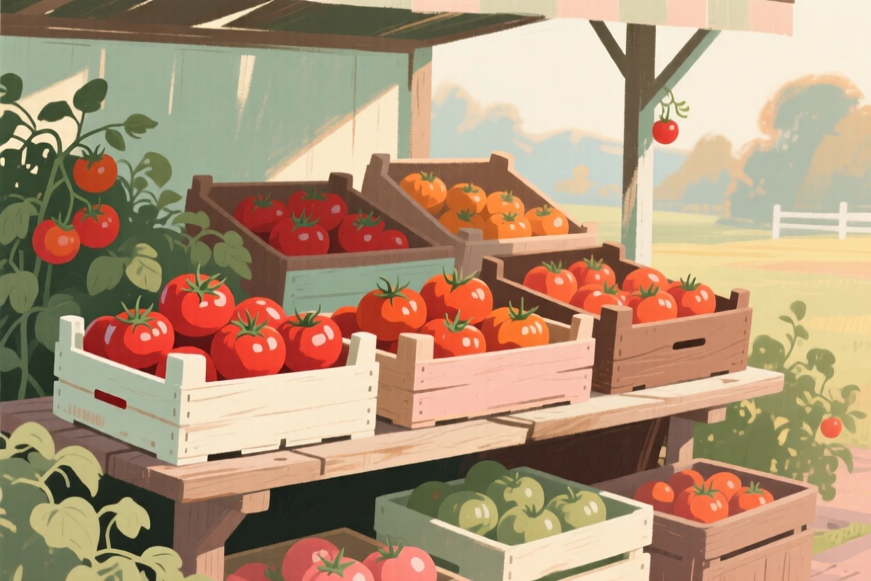 A farmstand overflowing with the season's first ripe tomatoes