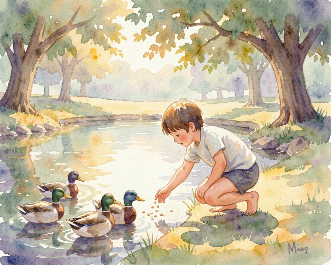 A child feeding ducks at a park pond on a warm sunny afternoon.