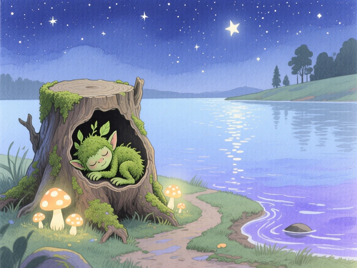 A tiny moss troll naps inside a hollow tree stump in a starlit lakeshore, with glowing mushrooms lighting the path
