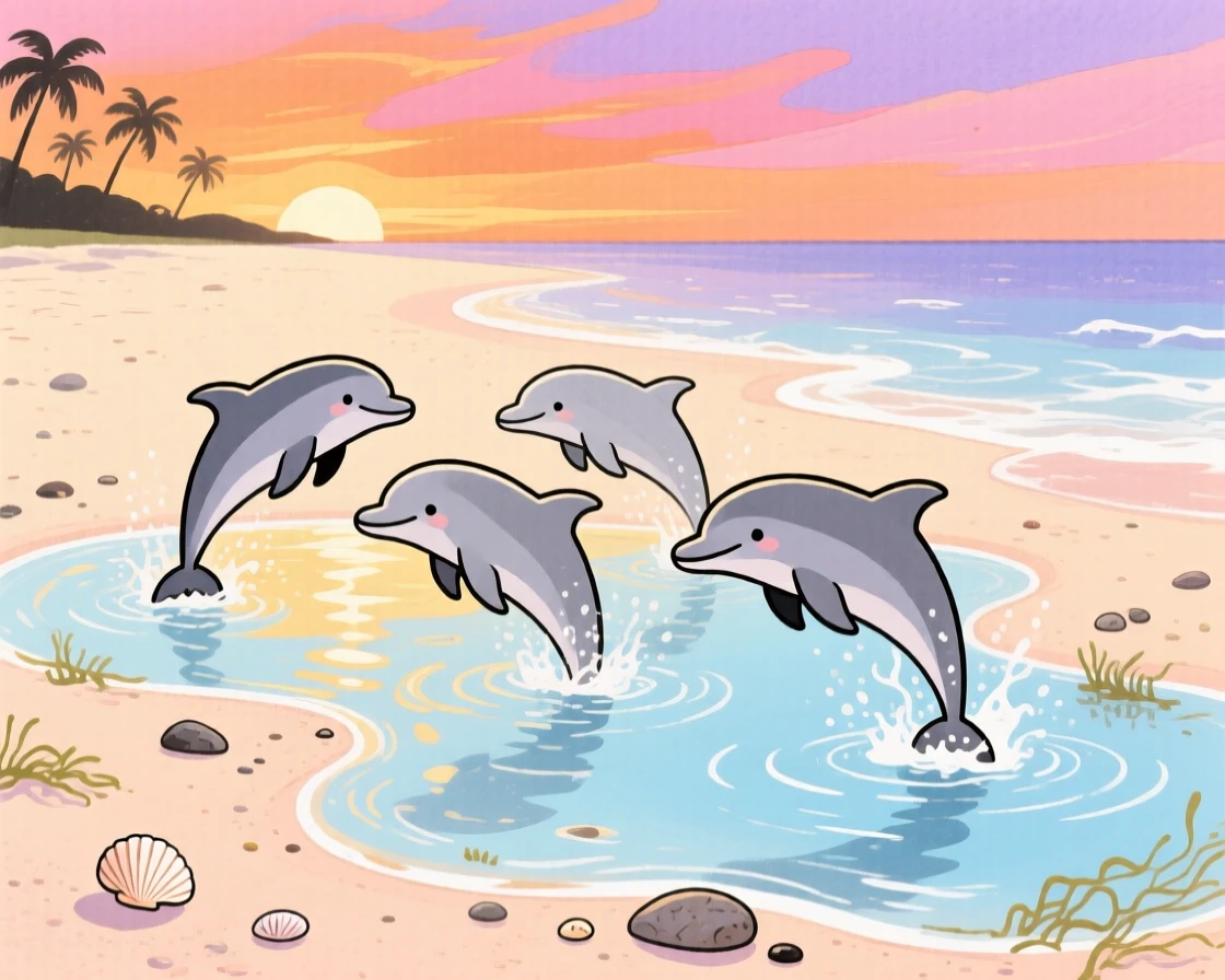 A playful dolphin pod exploring a sandy beach at low tide at sunset.