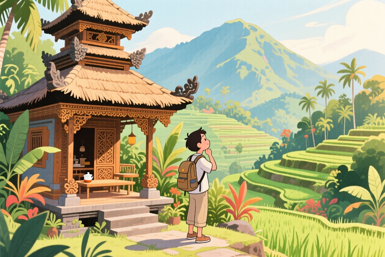 A traveler pauses to soak in the view amid a traditional tea house nestled in the mountains of Bali, radiating cultural warmth and beauty.