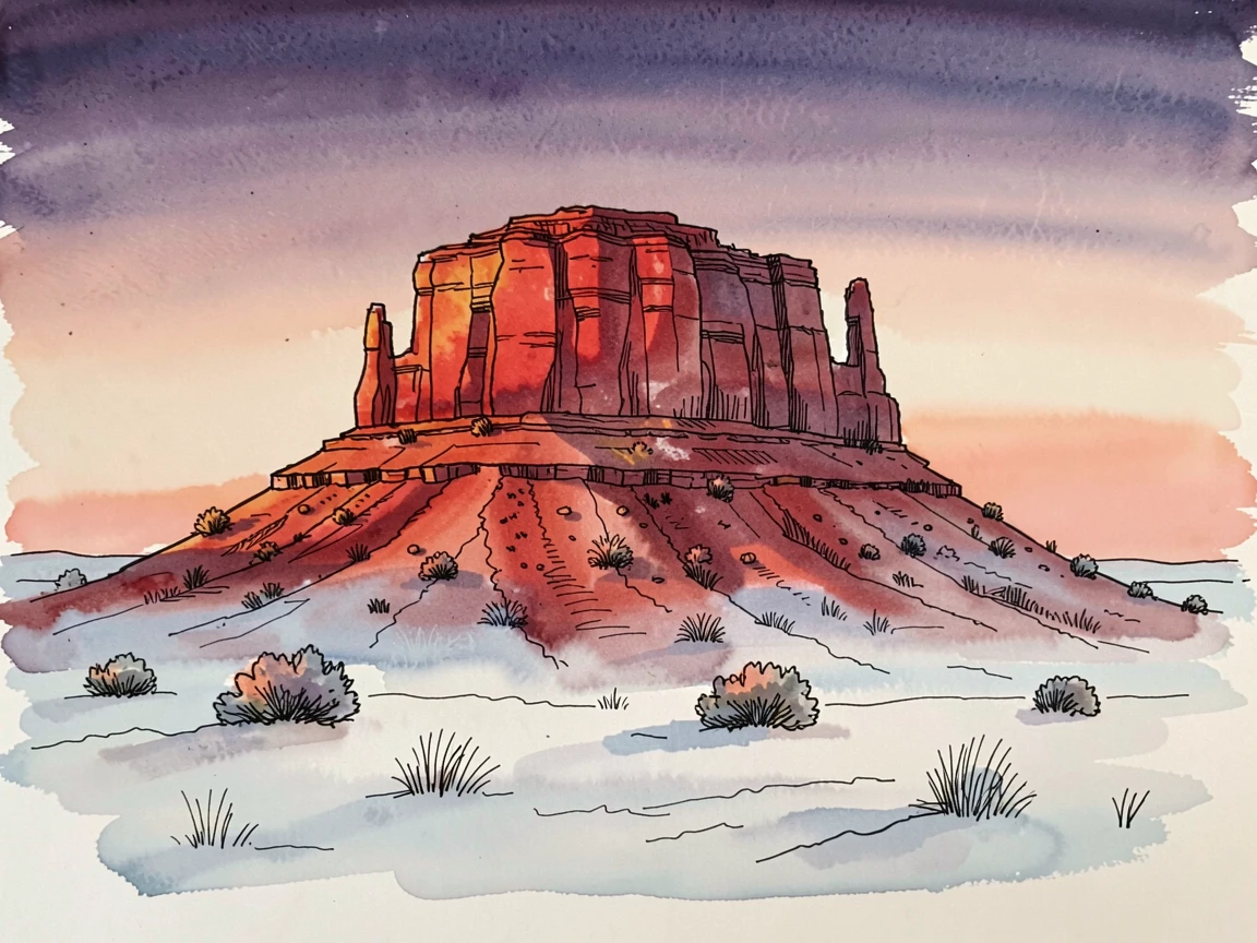 A high desert mesa glowing red in the last light of evening, a soft mist clinging to the low ground as the sun begins to rise.
