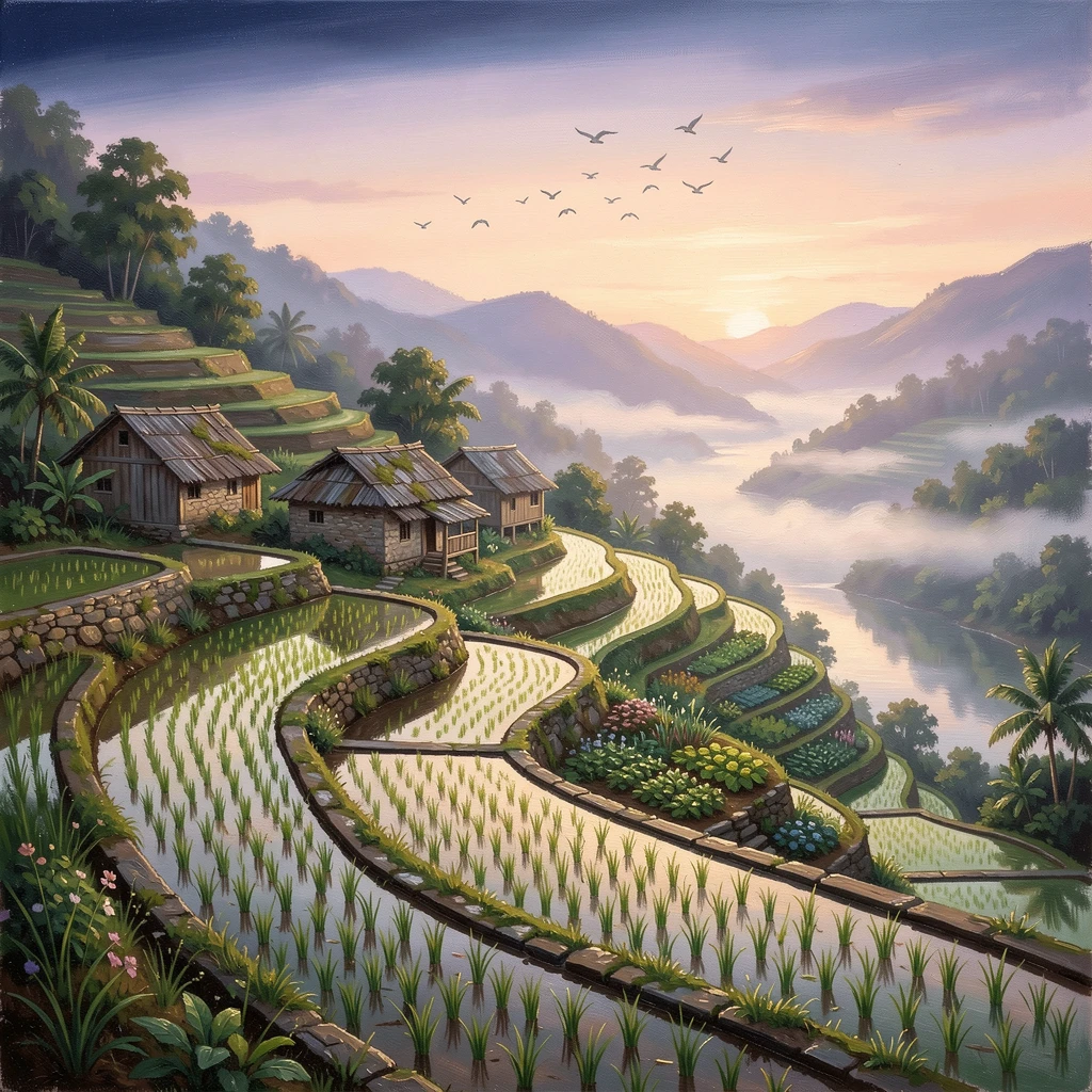 Terraced rice paddies cascading down a hillside, birds circling above the weathered rooftops, beside terraced gardens that step down toward the water, at sunrise, mist rising gently from the surrounding valley.