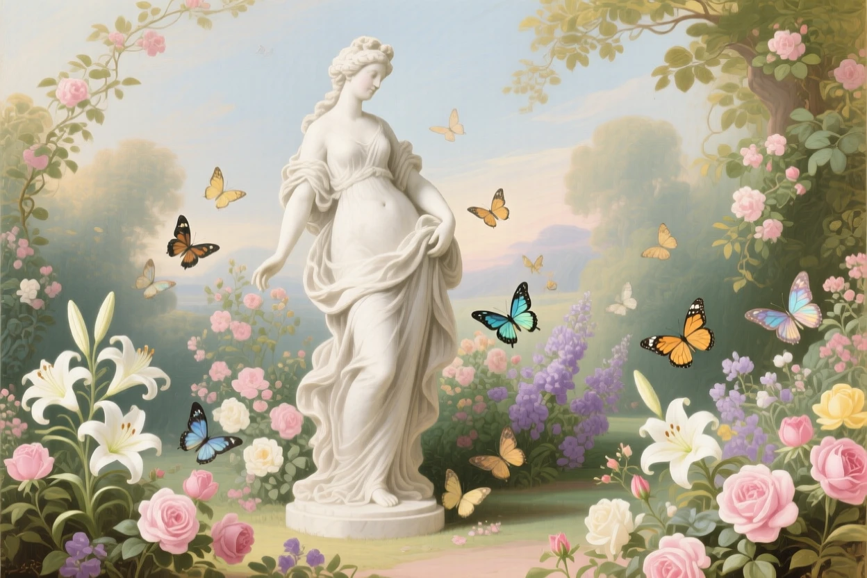 A garden statue of Venus surrounded by lilies, roses, and fluttering butterflies  