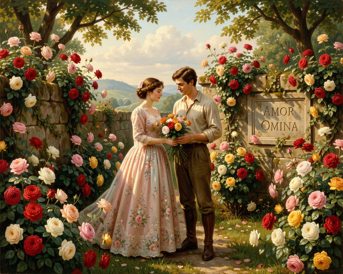 A couple gathers blooms in a walled garden bursting with roses on a warm spring afternoon.