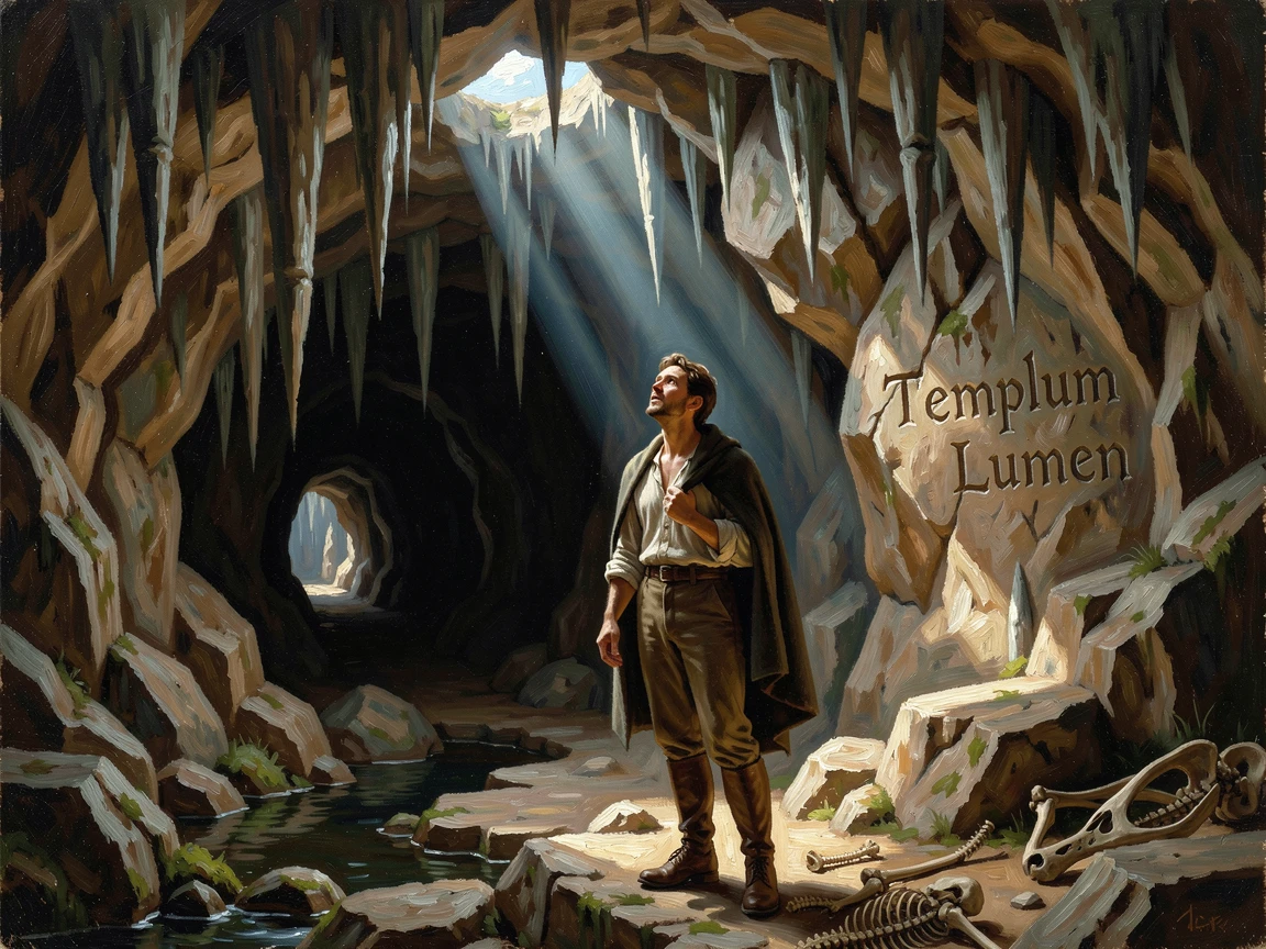 A traveler exploring an ancient cave system lit by shafts of natural light, with a sense of freedom and wonder evident in every detail, offering a vivid, awe-inspiring window into a far-off adventure