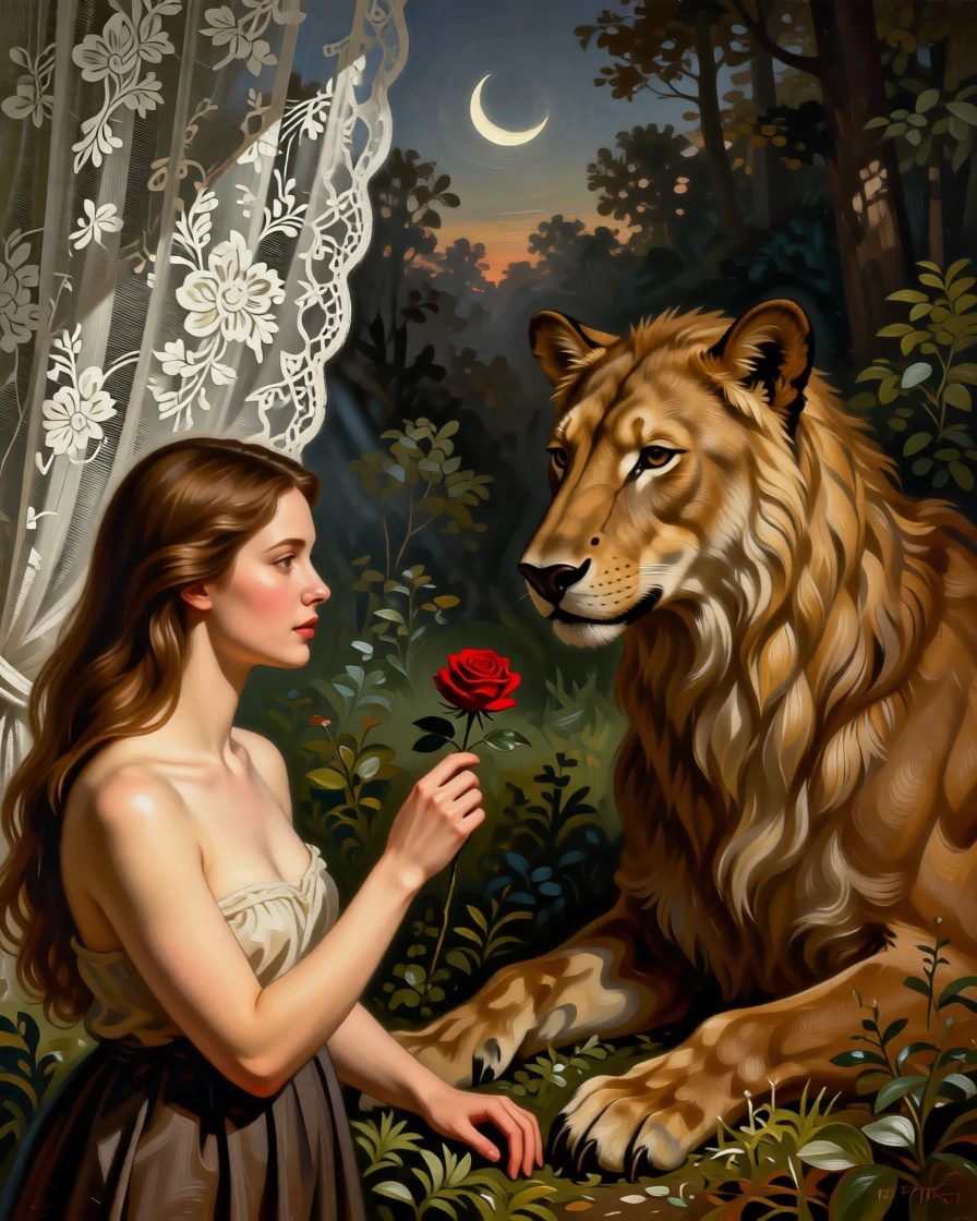 Beauty offering a rose to a gentle, misunderstood beast as if pulled directly from a cherished tale, set within an enchanted forest clearing bathed in soft light, with a crescent moon rising behind delicate lace curtains; the composition frames the central figure like a page brought to life, evoking nostalgia, wonder, and the timeless magic of storytelling.