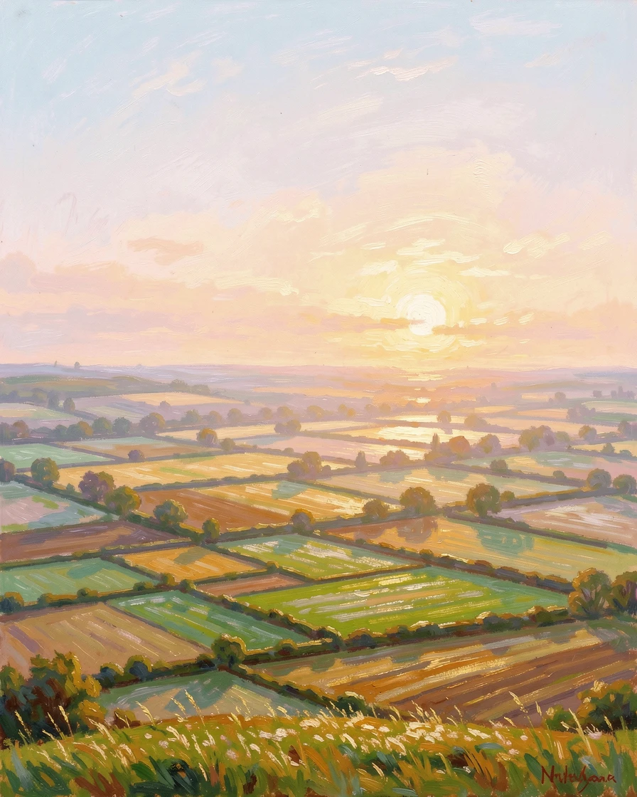 A patchwork of farm fields seen from a hilltop, hedgerows dividing squares of green, gold, and brown, at golden sunrise.