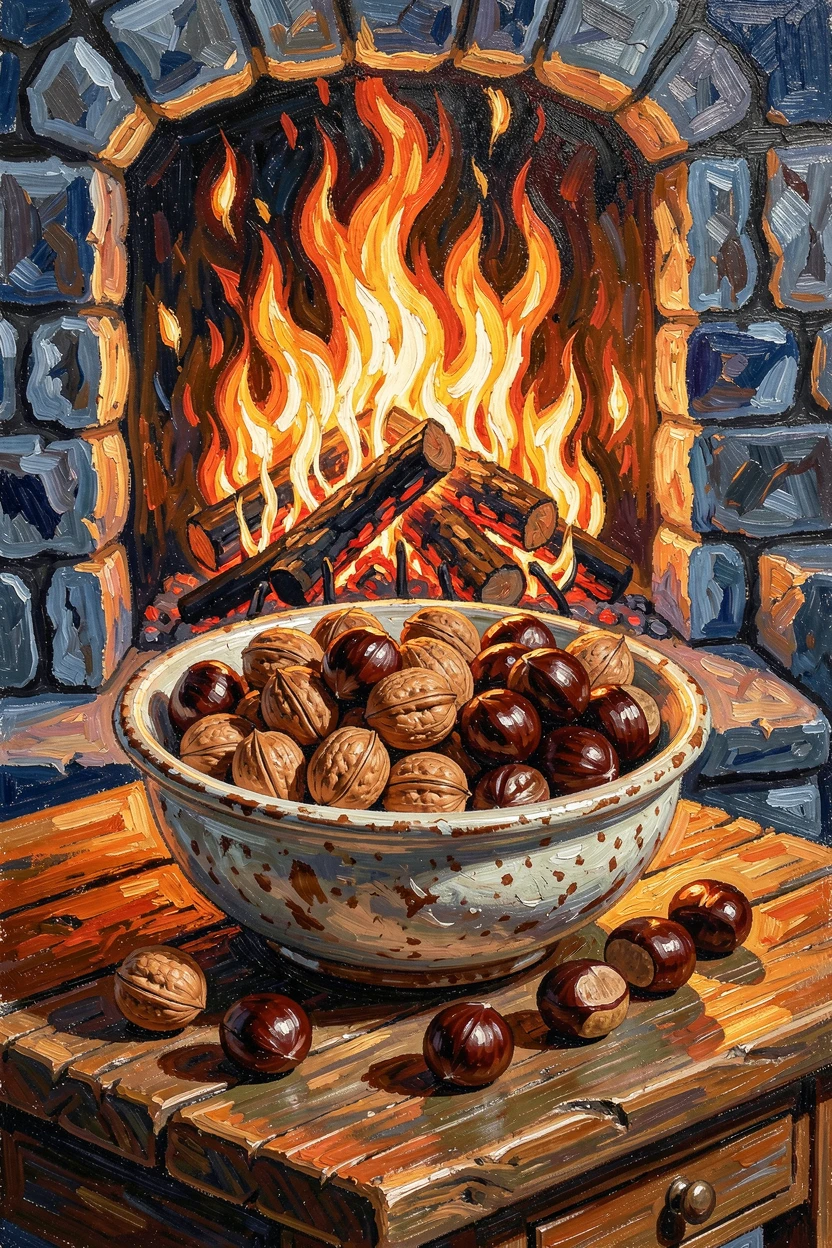 A bowl of walnuts and chestnuts arranged beside a crackling fireplace in winter.