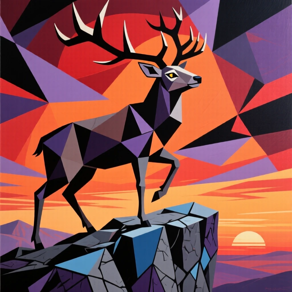 A striking view of a stag with towering antlers perched high on a rocky cliff at sunset beneath a dramatic sky.