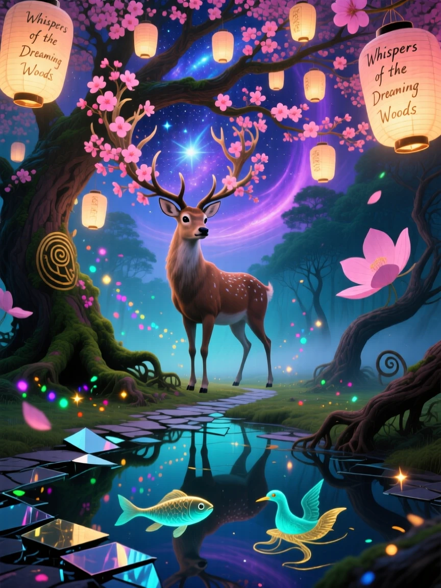 A stag with branches of blooming cherry blossoms for antlers pauses beneath a tree hung with glowing lanterns, while tiny sparks of light trail behind its every step.