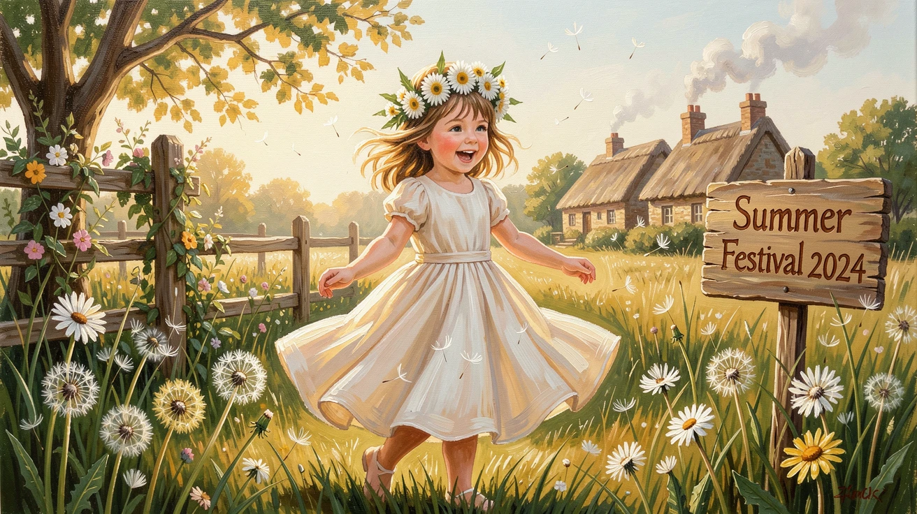 A little girl twirls in a homemade dandelion crown in a sunlit meadow, seeds drifting on the breeze around her, their surroundings offering subtle clues about culture, place, and the moment being lived.