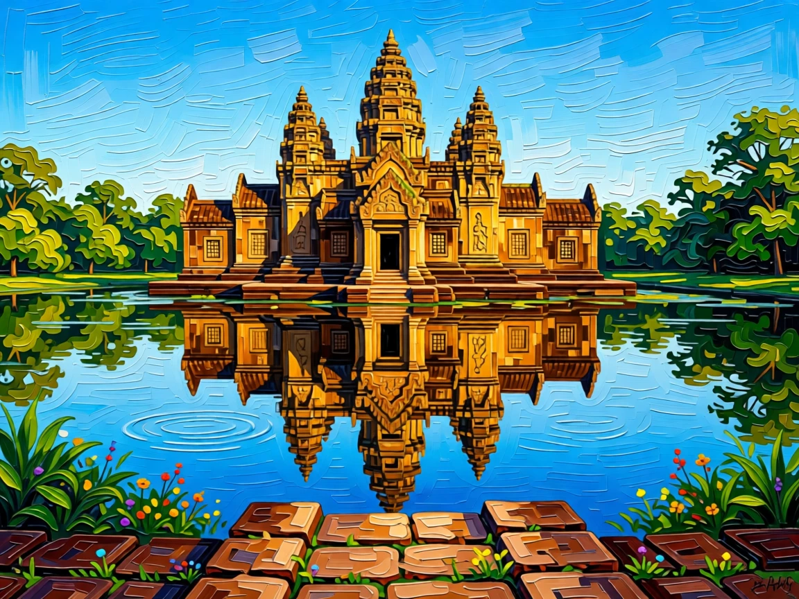 An ancient temple perfectly mirrored in a still moat surrounding it