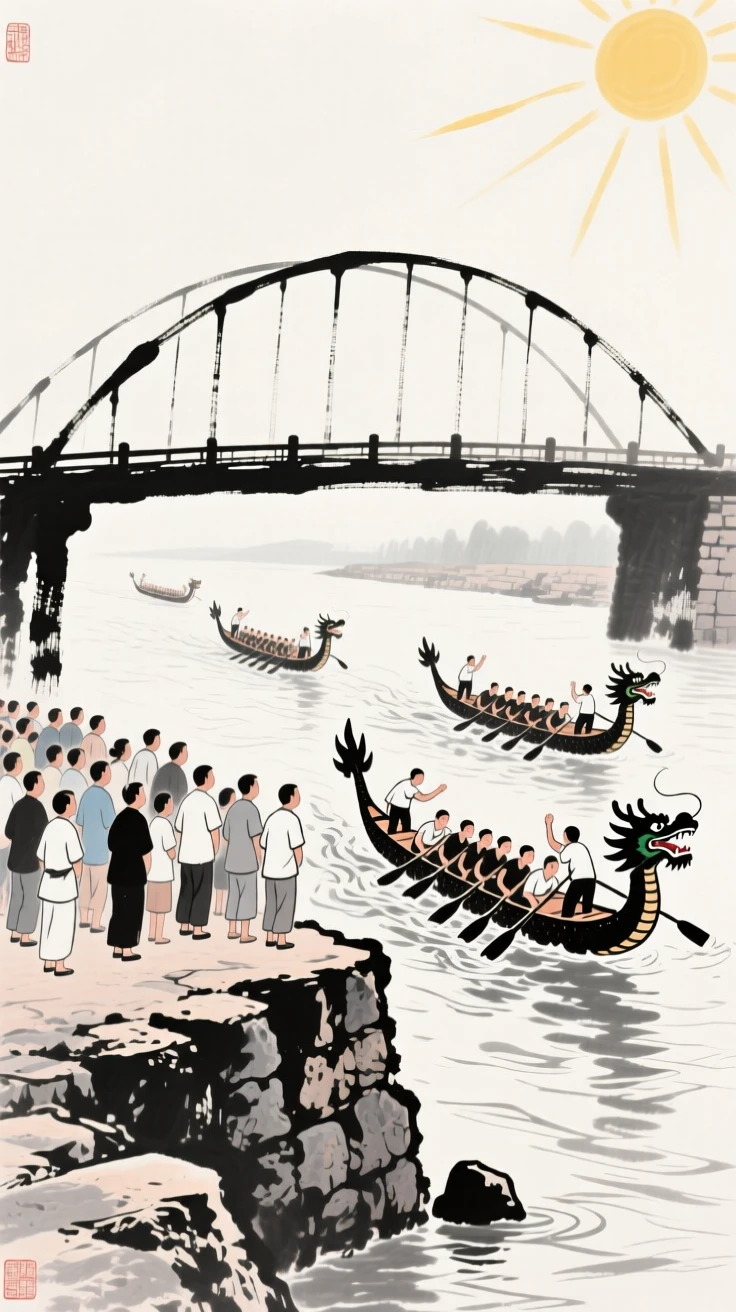 Spectators line a stone embankment to watch dragon boats race beneath a bridge, beneath a sky bright with midsummer sun.