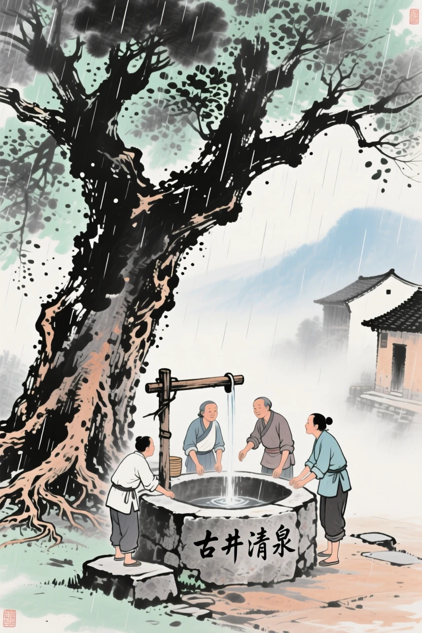 Villagers gathering at a well beneath an old banyan tree, through a light drifting mist, as summer rain begins to fall.