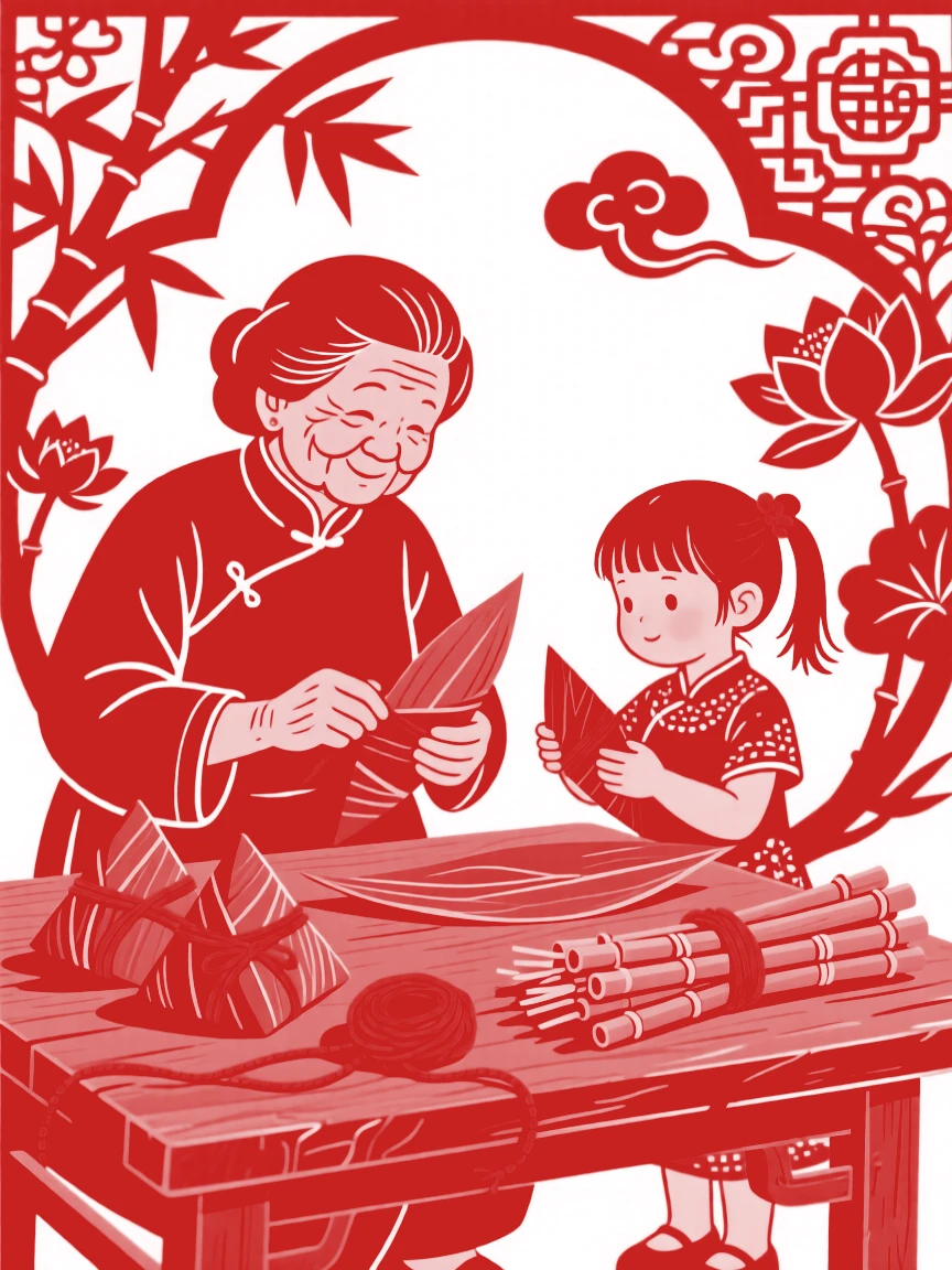 A grandmother wrapping zongzi in bamboo leaves at a wooden table, bundles of reed leaves and red string beside her, a young granddaughter watching closely and imitating the folding motion