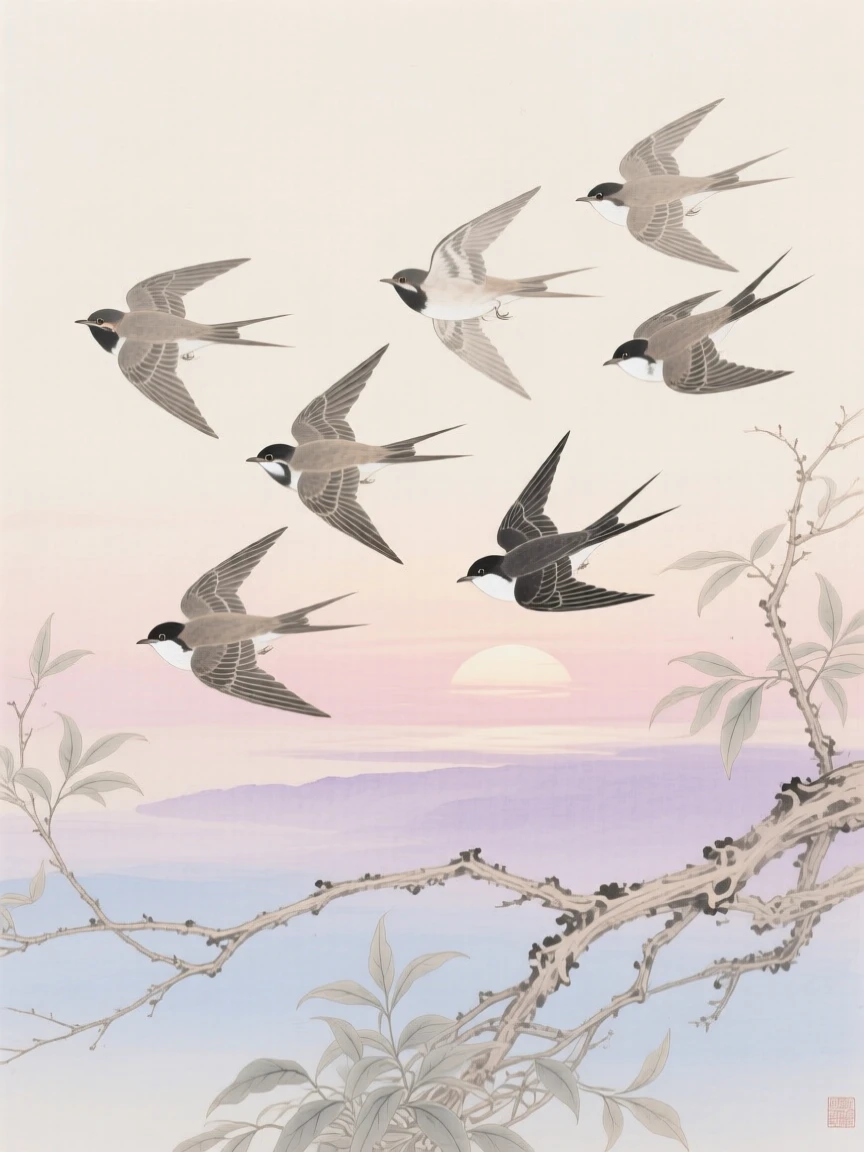 A nightingale flying in formation across a pale dawn sky, soft morning light filtering through the branches