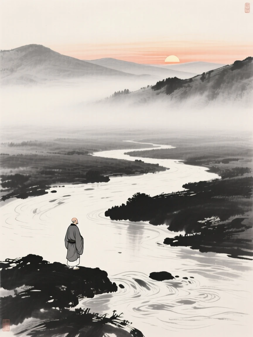 A wandering scholar gazing out over a misty valley beside a slow-moving river at sunset, framed small within a vast, quiet landscape, conveying quiet devotion and simple contentment.