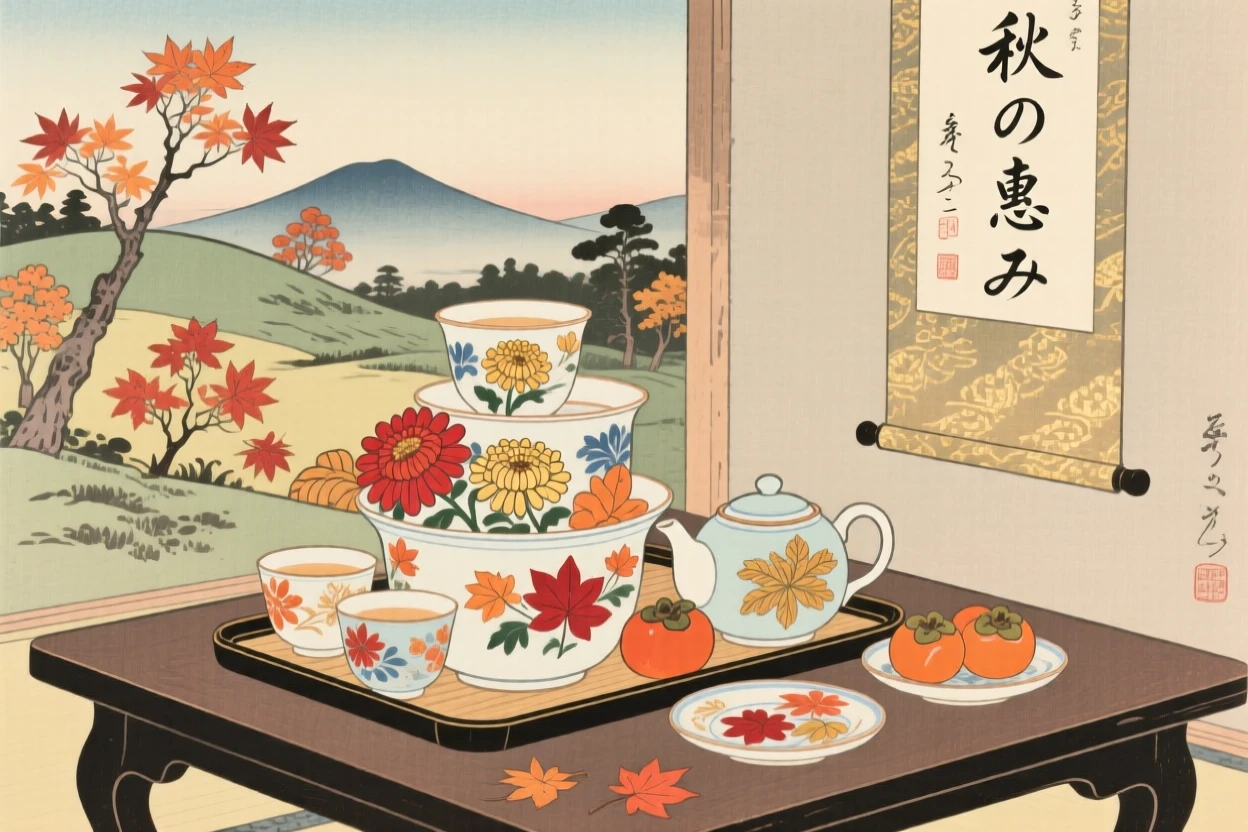 A delicate ceramic tea set piled high for the autumn harvest.