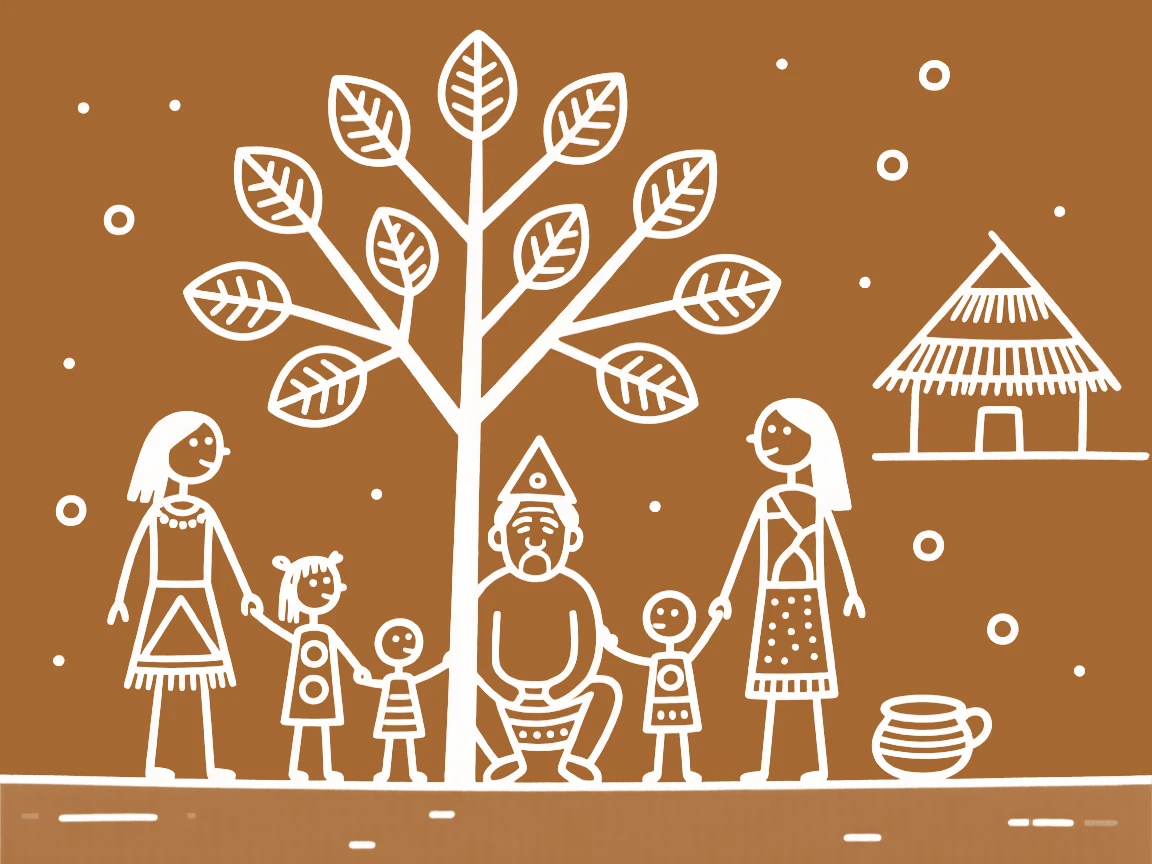 A family tree showing three generations gathered around an elder.
