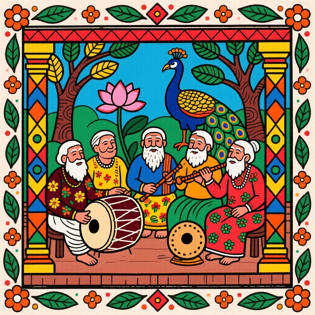 A group of elders playing music together on a village porch.