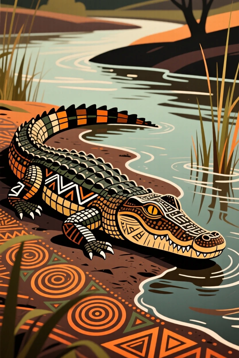 A crocodile lying motionless at the river's edge.