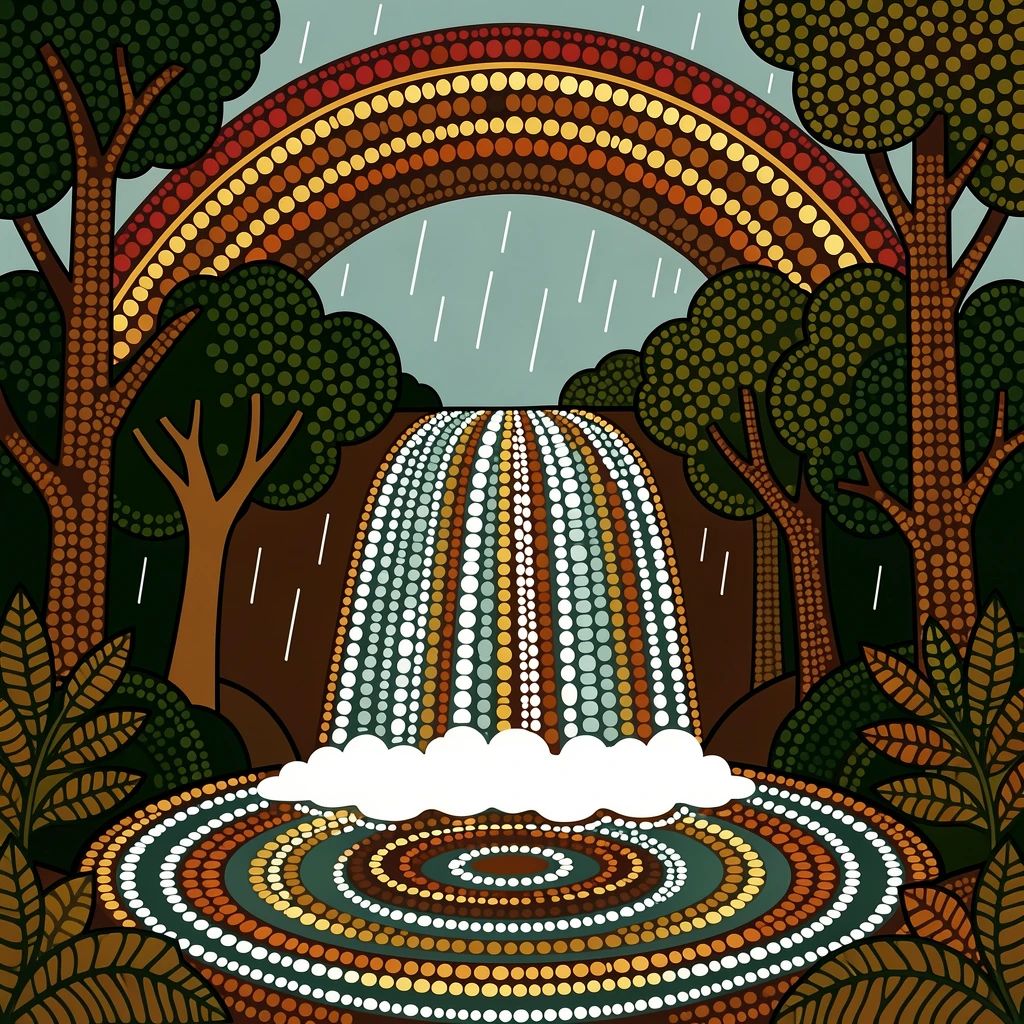 A cascading rainforest waterfall beneath a rainbow after rain
