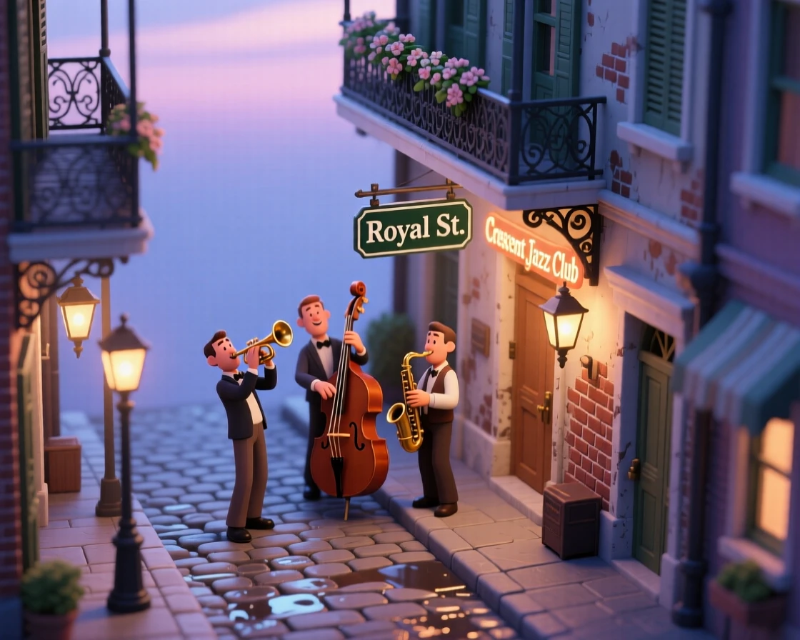 A colonial New Orleans street scene with wrought-iron balconies, jazz musicians playing, and lanterns glowing at dusk.