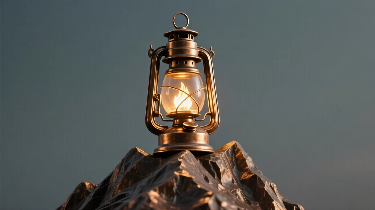 A lantern glowing atop a mountain summit, symbolizing guidance, composed with striking clarity and a strong central focal point, evoking deep emotional resonance