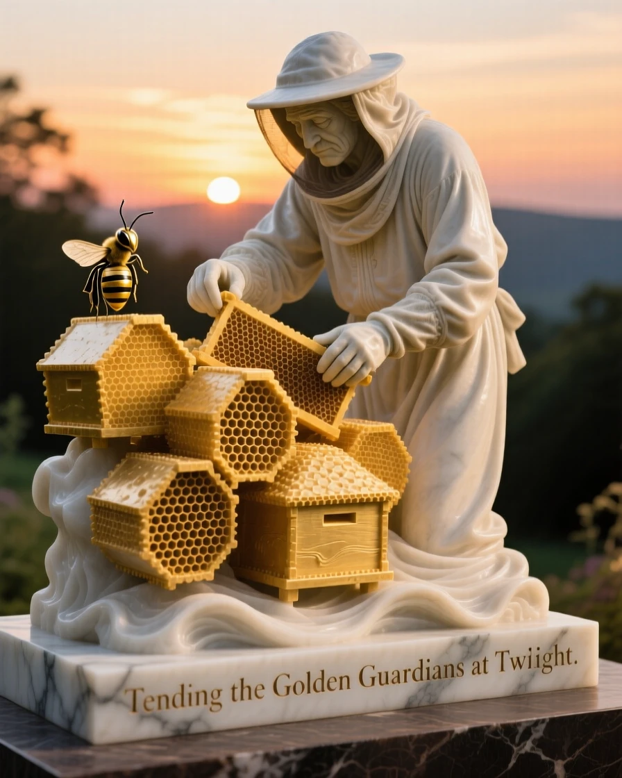 A vivid, emotionally rich scene of a beekeeper tending golden hives at sunset, surrounded by soft, glowing light, designed to captivate and inspire