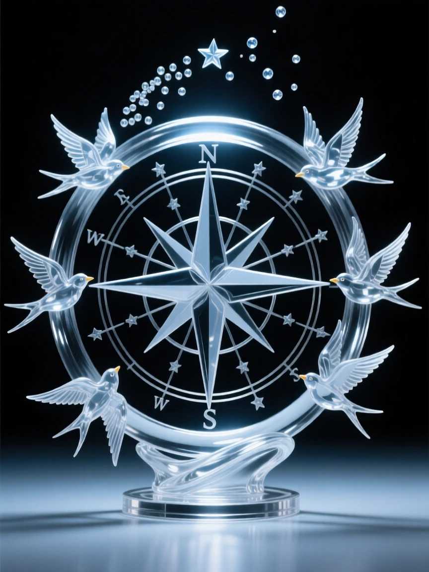 A compass rose surrounded by a ring of migrating birds while small particles drift upward like scattered stars