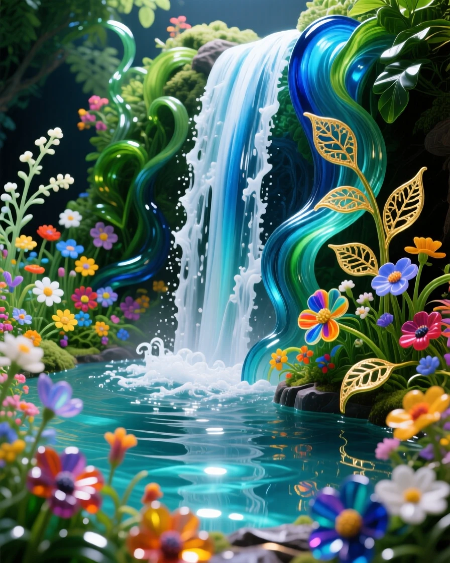 A grand waterfall pouring into a hidden pool surrounded by the most vivid blooming wildflowers, lush and mystical.