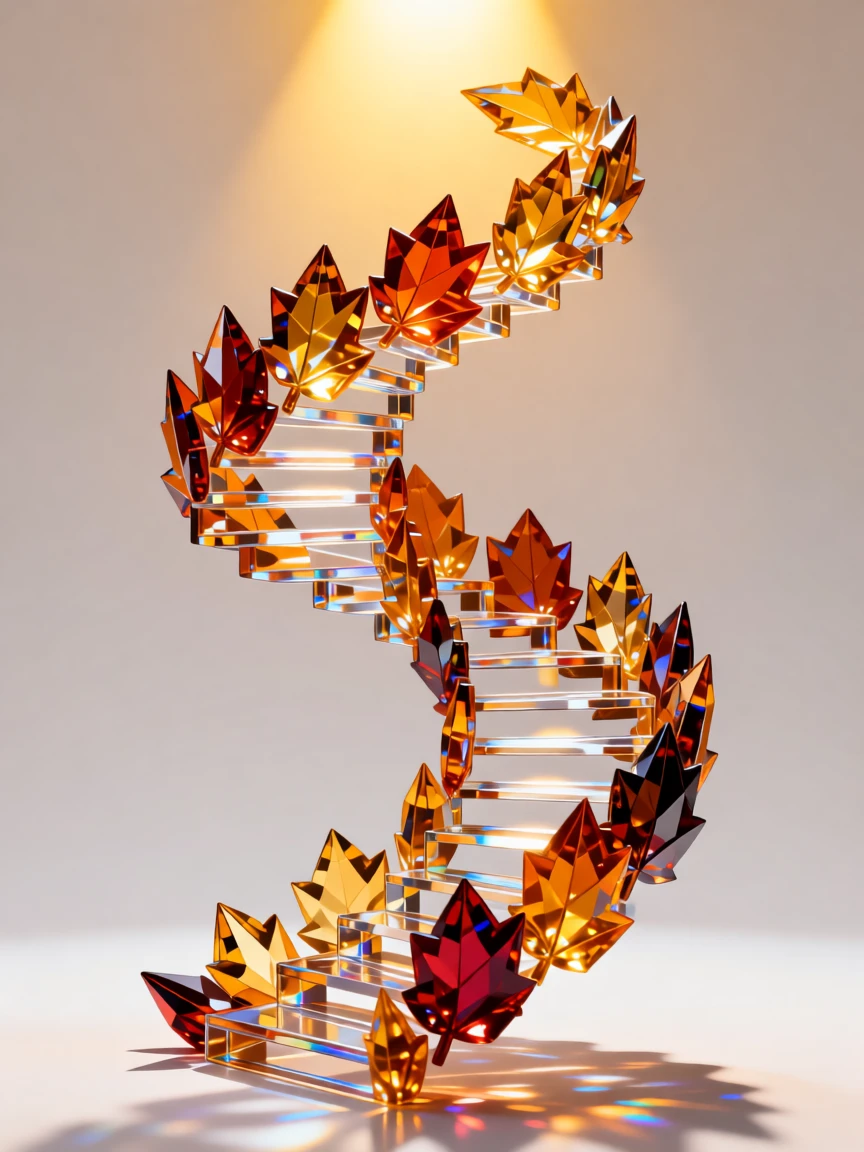 A dreamlike staircase of falling autumn leaves ascending into golden light.