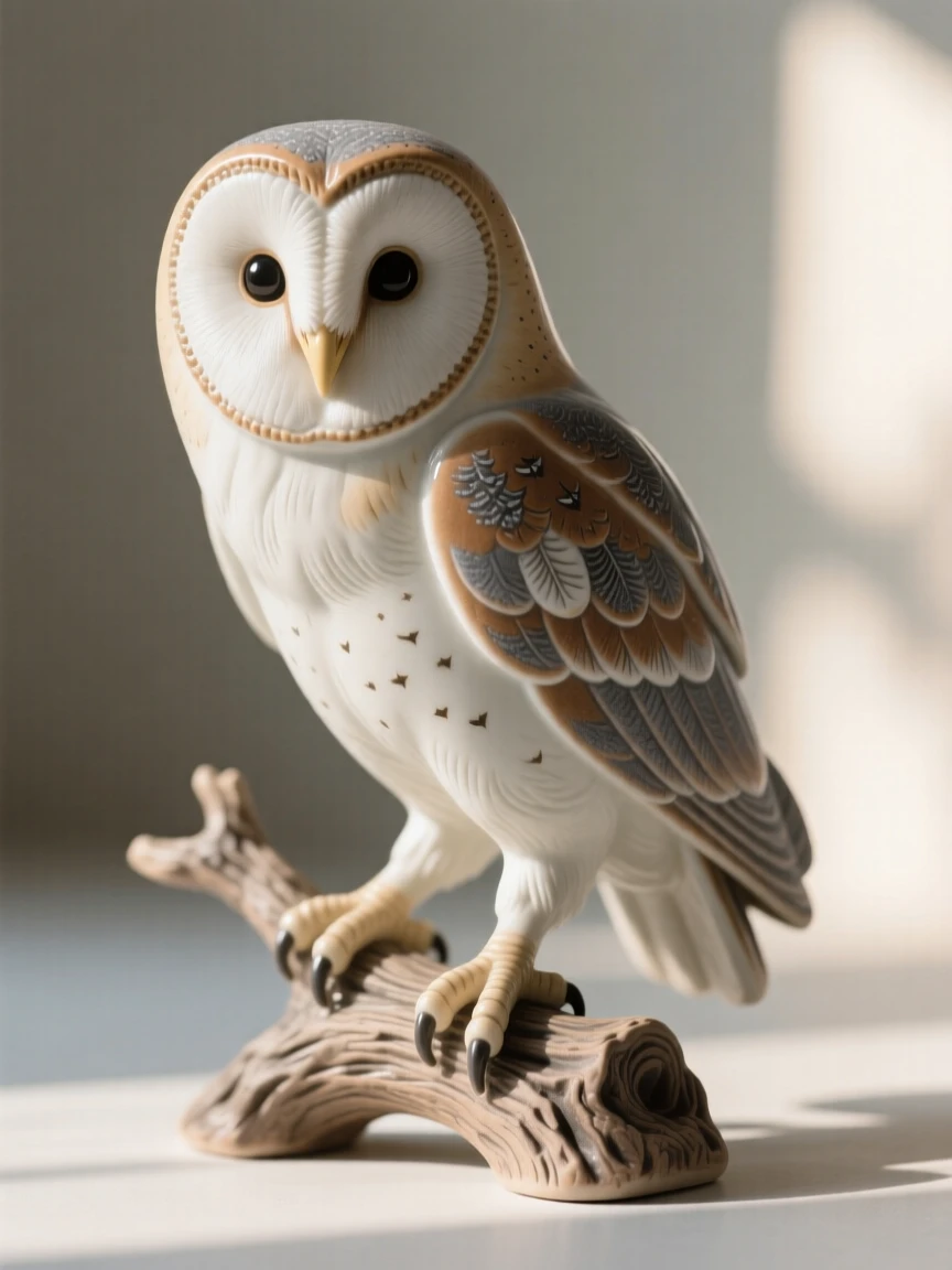 A barn owl gliding silently at dusk perched gracefully in a moment of stillness, framed by soft rays of morning sun, evoking lightness, freedom, and grace.