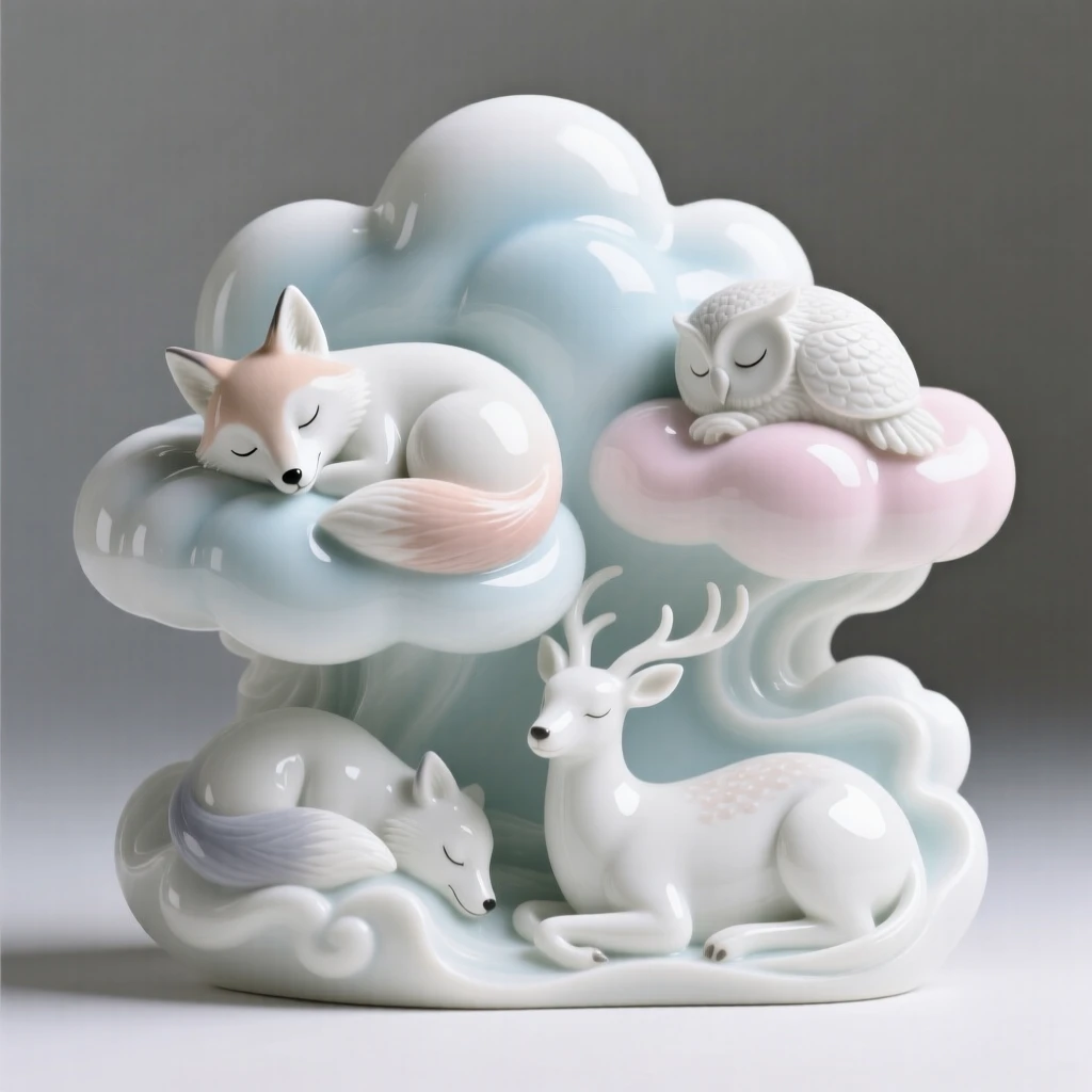 A surreal composition where clouds take the shape of gentle sleeping animals, rendered with quiet, elegant restraint.