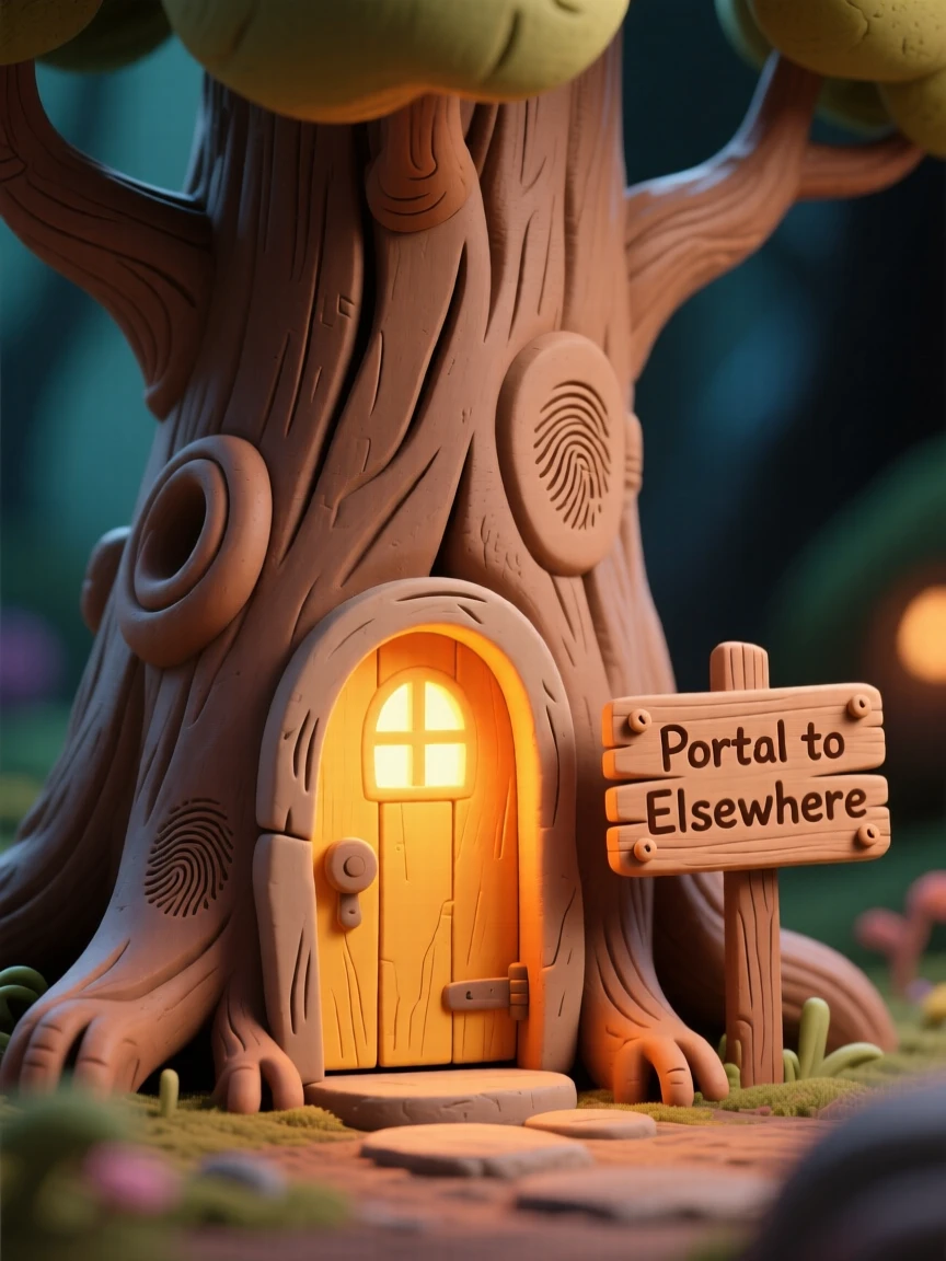 A tiny door glowing at the base of a giant tree, leading to another world