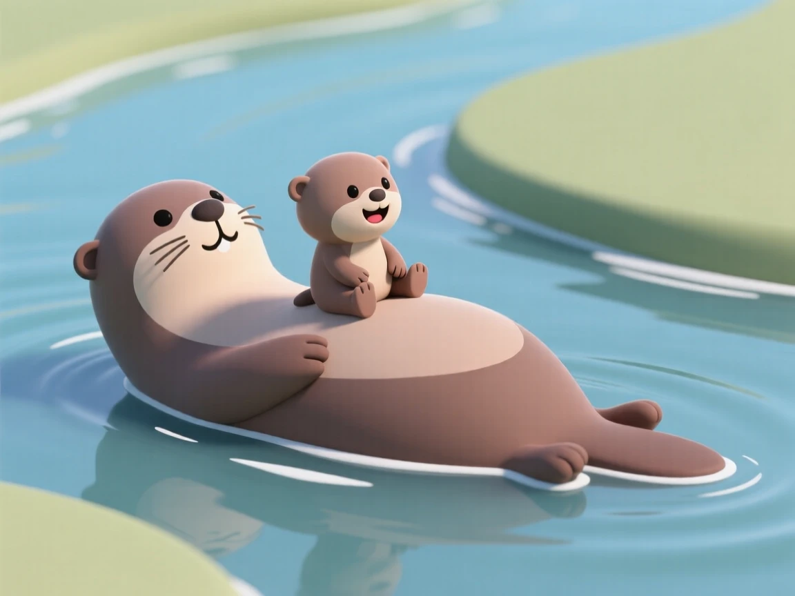 A cheerful otter pup rides gently on its mother's belly while she floats lazily down a calm river.