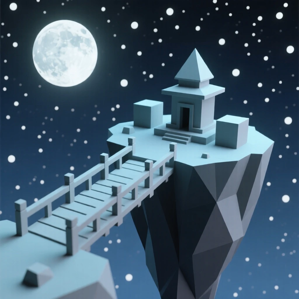 A moonlit bridge leading to a floating temple, atop a cliff overlooking an endless starry sky. the composition frames the subject as a clear focal point. The scene feels magical and full of wonder.