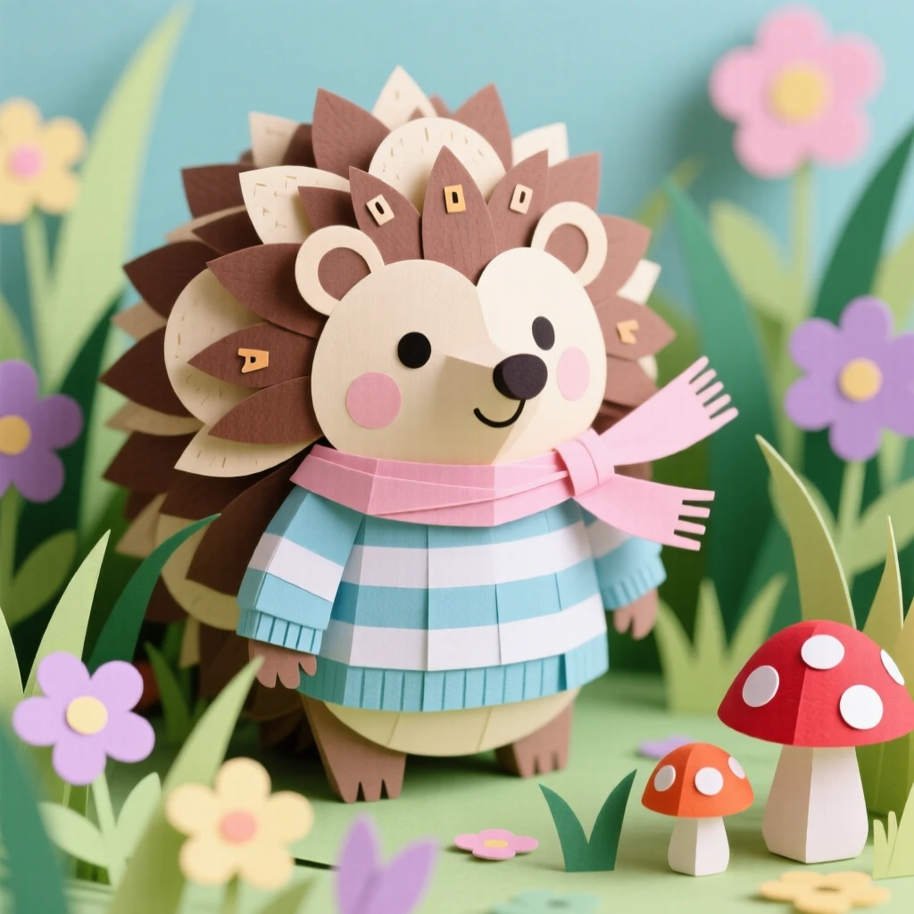 A round fluffy hedgehog in a sweater exploring a miniature candy-colored meadow, with a tiny scarf fluttering in the breeze, evoking whimsical charm and gentle humor.